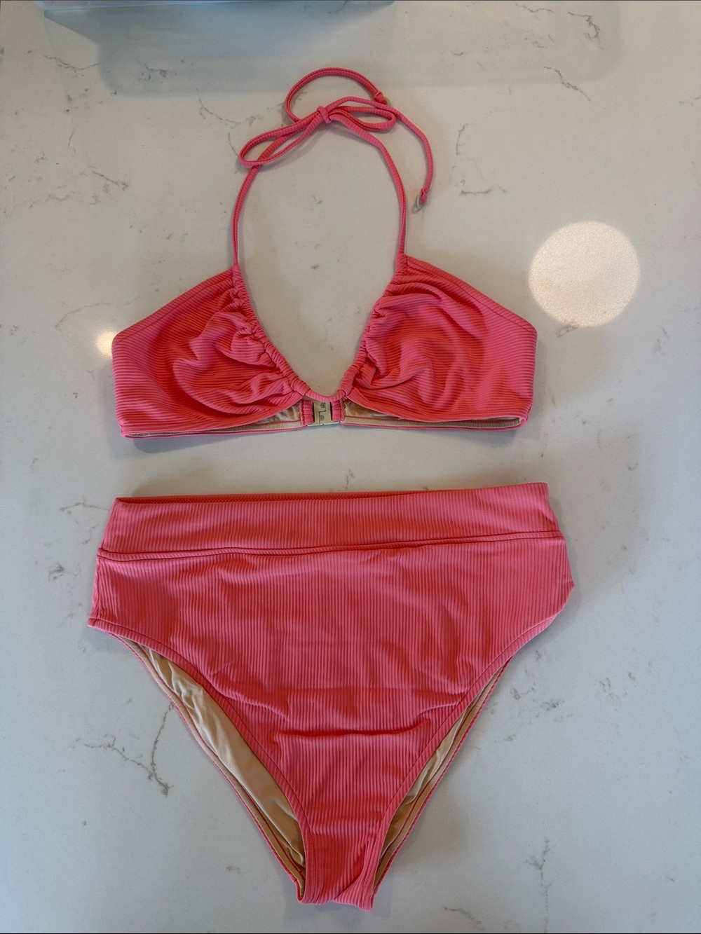 Zulu & Zephyr Coral Pink Ribbed Halter Bikini Set